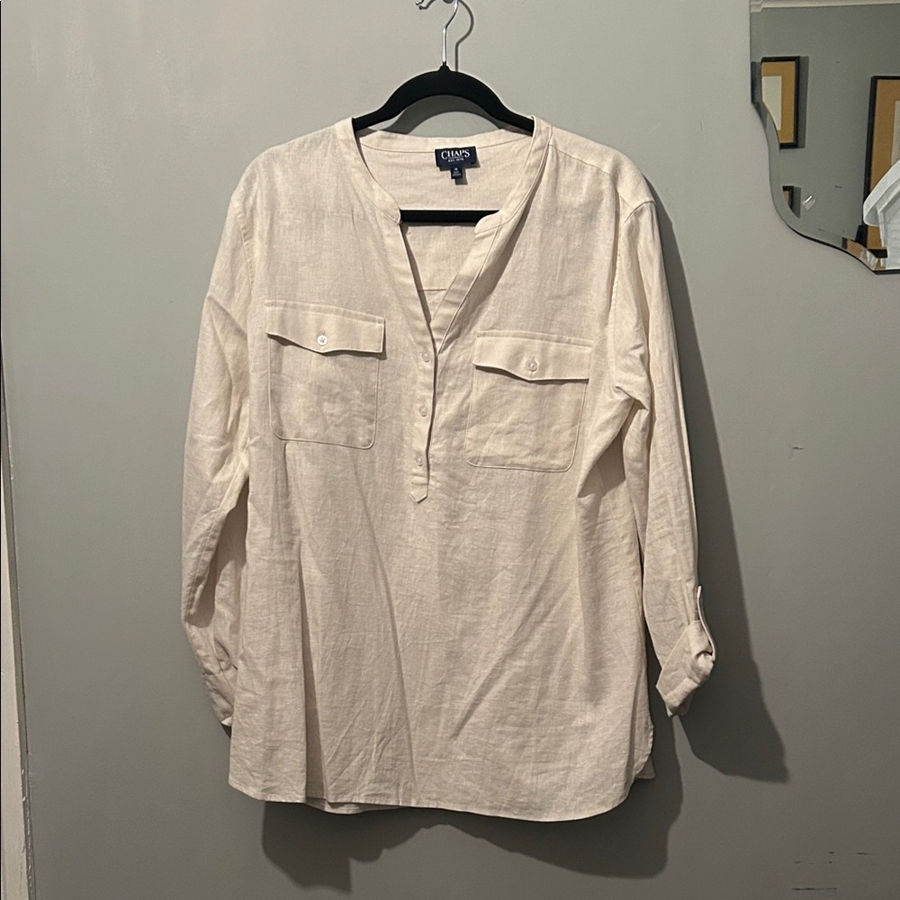 Chaps Women’s Casual White Roll Tab Linen Shirt